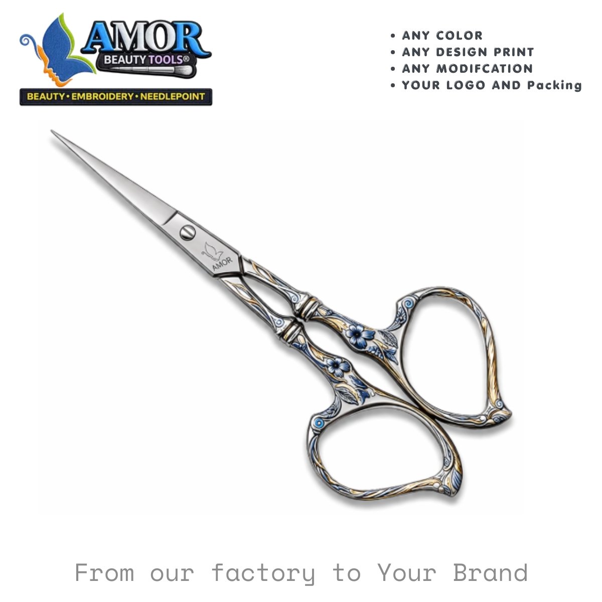 amor elegant floral slim embroidery scissors fine tip printed sewing craft beauty tool customizable