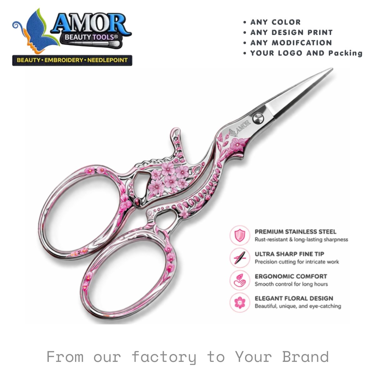 amor pink blossom embroidery scissors fine tip floral printed sewing craft beauty tool customizable