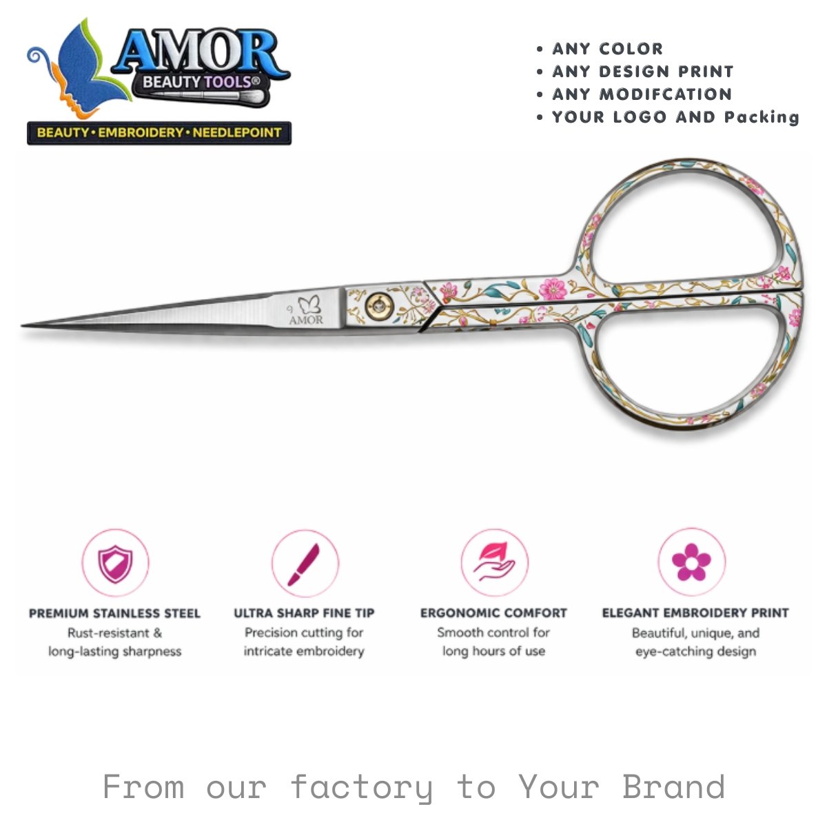 amor floral straight embroidery scissors fine tip printed sewing craft beauty tool customizable