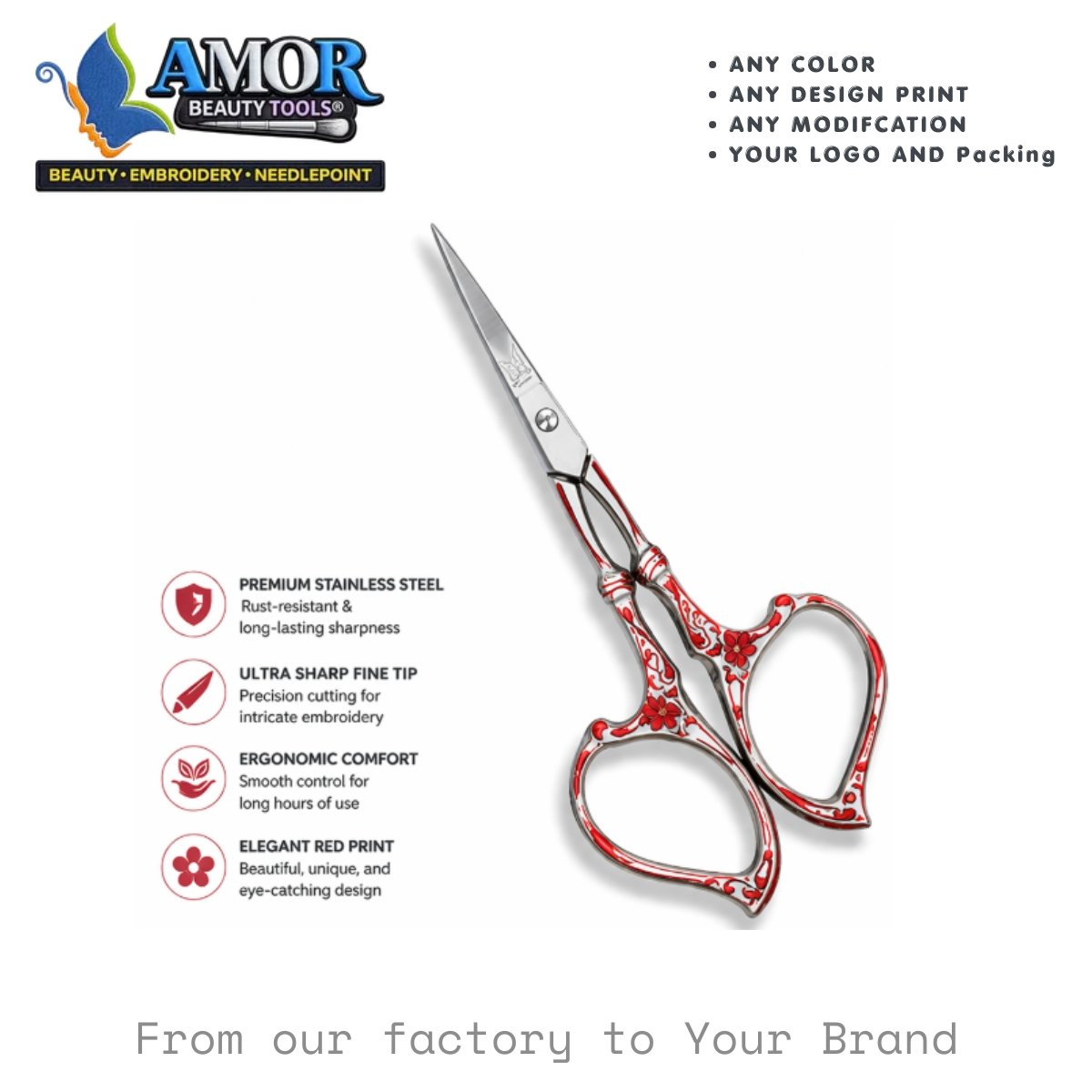 amor red heart embroidery scissors fine tip floral printed sewing craft beauty tool customizable