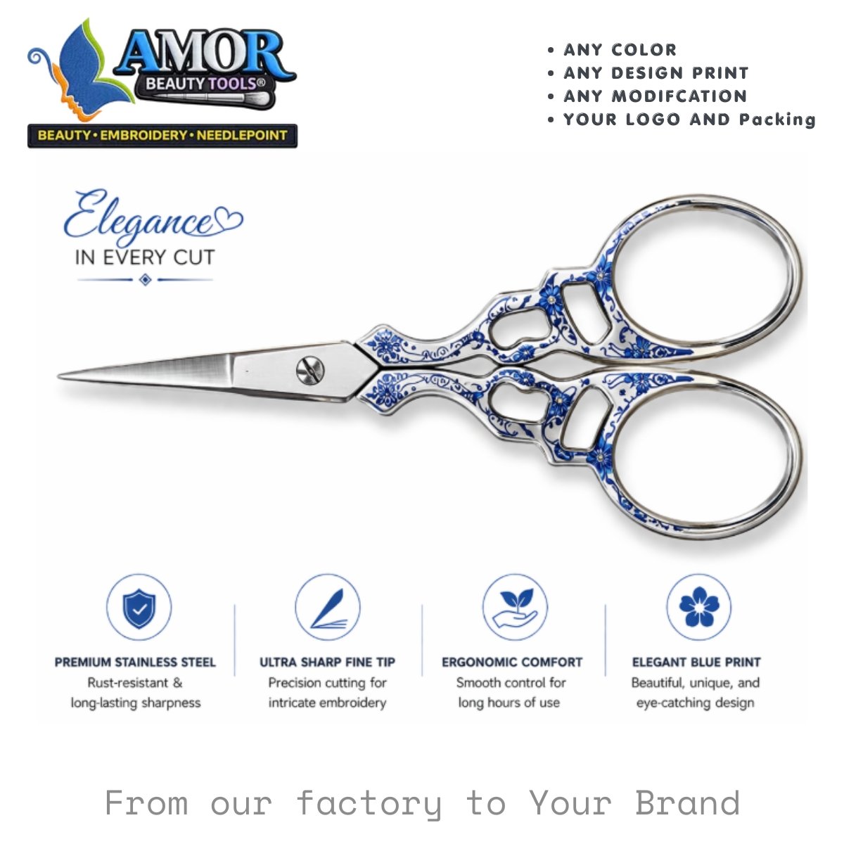 amor royal blue floral embroidery scissors fine tip printed sewing craft beauty tool customizable
