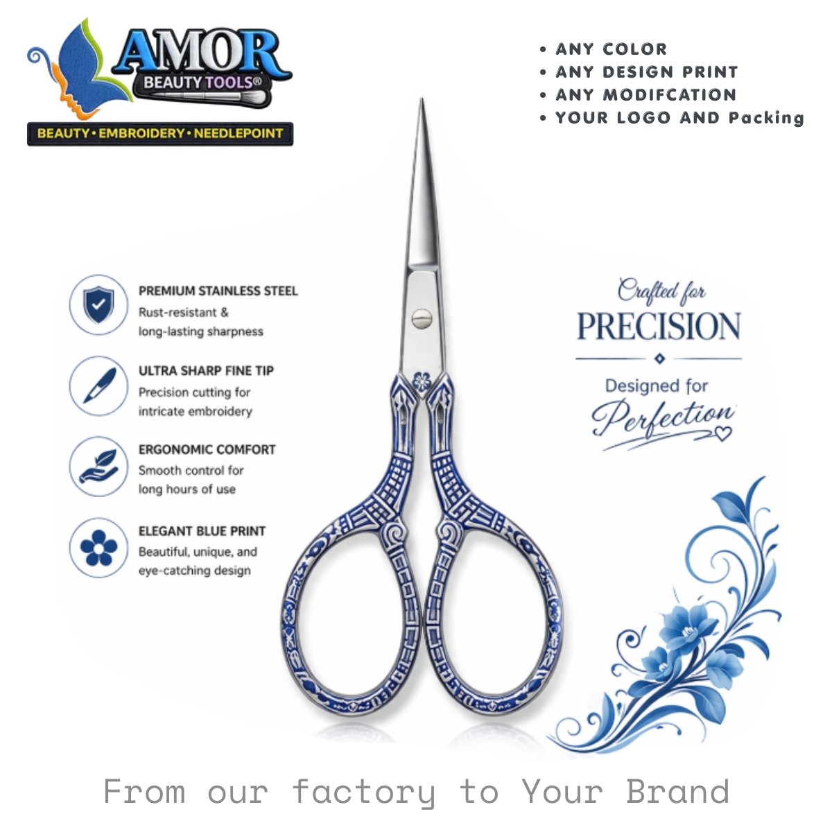 Fine Tip Stainless Steel Scissors with Sapphire Blue Design