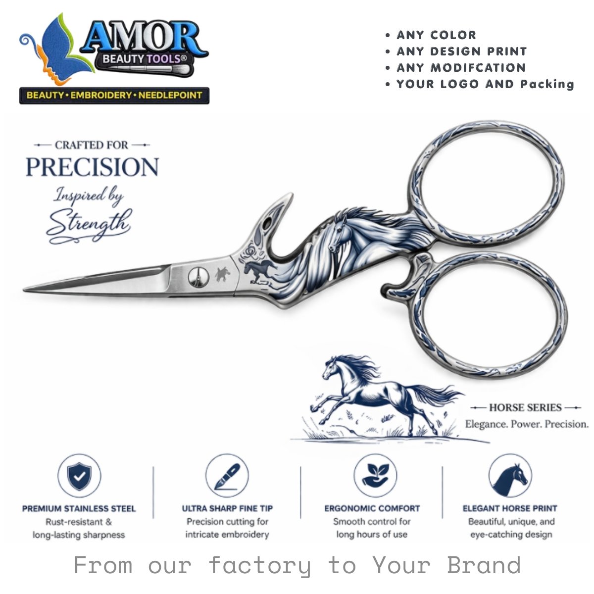 amor horse embroidery scissors fine tip designer sewing craft beauty tool customizable